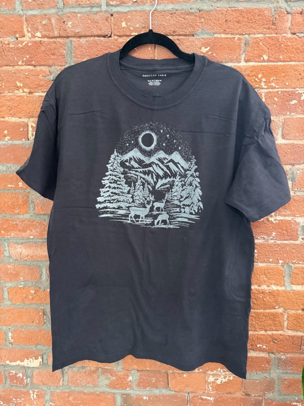 American Eagle Outfitters Black Graphic Tee with Mountain & Deer Print